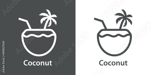 Beach bar. Logo bebida de agua de coco. Banner con texto Coconut con coco con palmera con líneas en fondo gris y fondo blanco