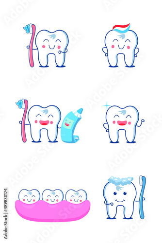 Vector set of funny teeth and toothbrush. Cartoon mascot illustrations. Toothbrush and healthy teeth, mascot character teeth