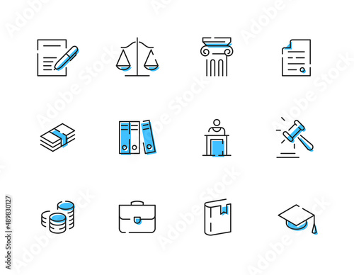 Justice, court. A set of twelve thin icons with editable strokes