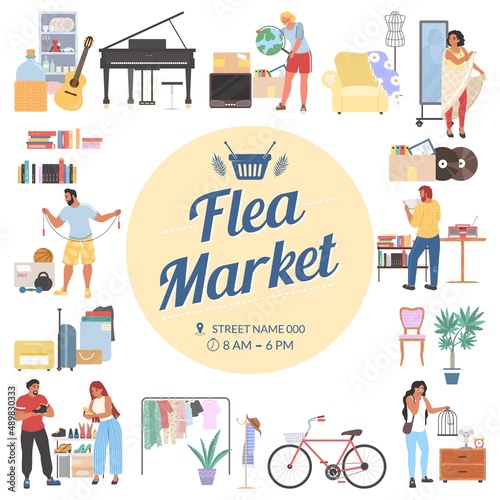 Garage or yard sale poster, banner template, vector illustration. Flee market event announcement.