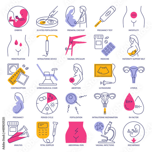 Gynecology and obstetrics icon set in line style