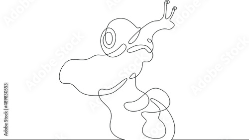 A snail crawls over a mushroom cap. Gastropod molluscs with external shell.Forest mushrooms in nature.Fresh organic food.One continuous line.Continuous line drawing.Line Art isolated white background.
