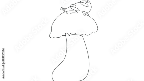 A snail crawls over a mushroom cap. Gastropod molluscs with external shell.Forest mushrooms in nature.Fresh organic food.One continuous line.Continuous line drawing.Line Art isolated white background.
