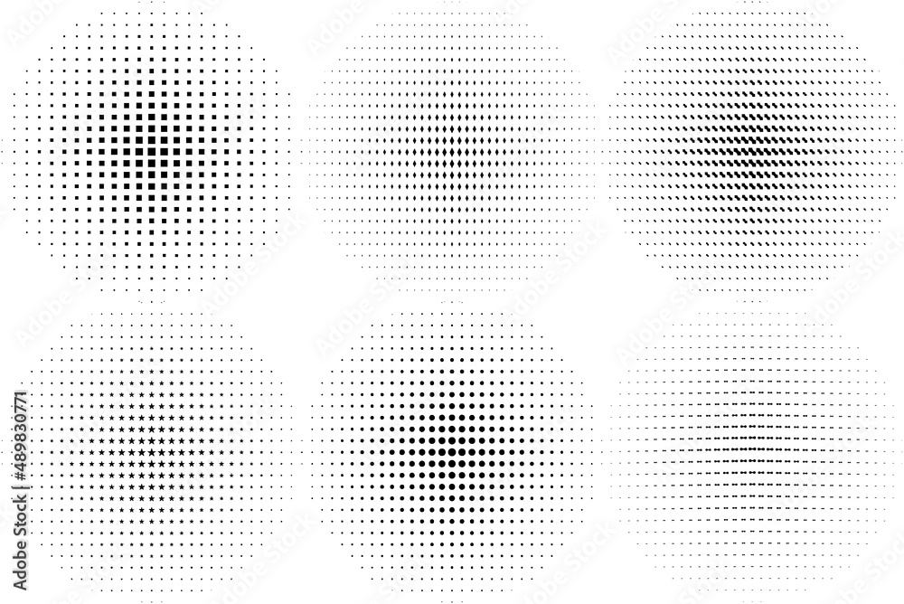 Big set of black textured circle strokes isolated on white background.
Abstract dotted circles, round halftone geometric dot gradient and pop art texture. Dust gradation vector set. 