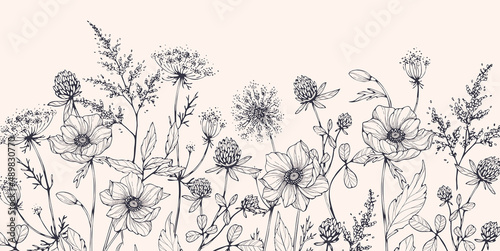 Billede på lærred Luxury botanical background with trendy wildflowers and minimalist flowers for wall decoration or wedding