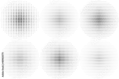 Big set of black textured circle strokes isolated on white background. Abstract dotted circles, round halftone geometric dot gradient and pop art texture. Dust gradation vector set. 