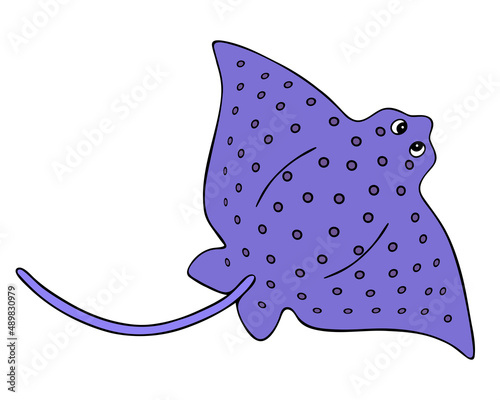 Cramp-fish. Marine cartilaginous fish with a long tail. Vector illustration. A purple ocean dweller with a spotted back. Skat. Underwater creation. Cartoon style. Isolated background. 