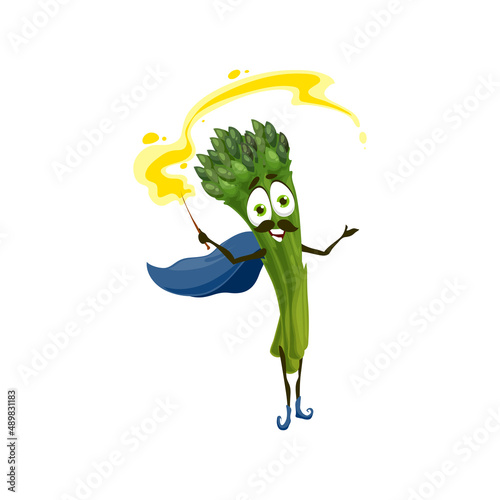 Green asparagus cartoon character with magic wand and cape isolated cute emoticon with mustaches. Vector greenery farm garden magician, cute veggie, fresh kawaii vegetable sorcerer with leaves