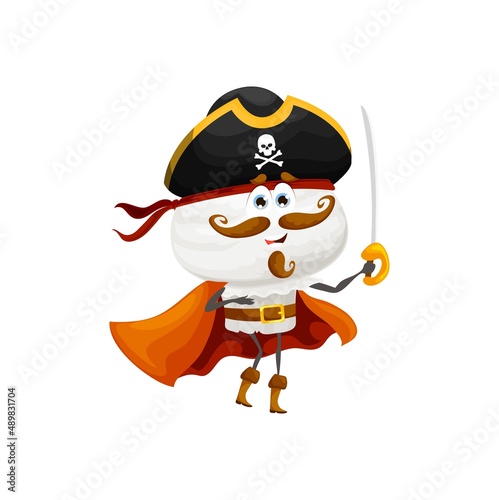 Cartoon funny champignone pirate character. Cheerful white mushroom isolated vector personage with sabre, wearing cape and corsair hat. Happy smiling champignone buccaneer captain character