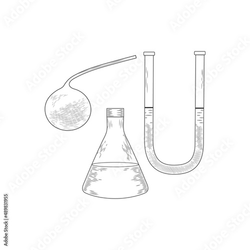 Sketch of a physics or chemical laboratory experiment and equipment. Vector pharmaceutical glass flasks, beakers and test tubes in old engraving style.
