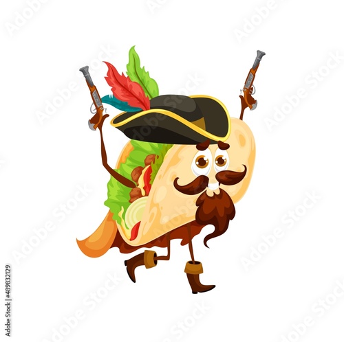 Cartoon mexican tacos pirate captain character. Vector corsair tex mex food personage wear cocked hat with feathers and guns in hands. Funny meal of Mexico, game or book filibuster fastfood dish