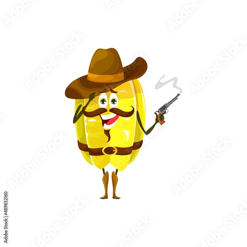 Cartoon starfruit ranger character. Cheerful exotic tropical fruit vector character in cowboy hat, boots and belt, isolated comical carambola star fruit personage with reeky pistol gun photo