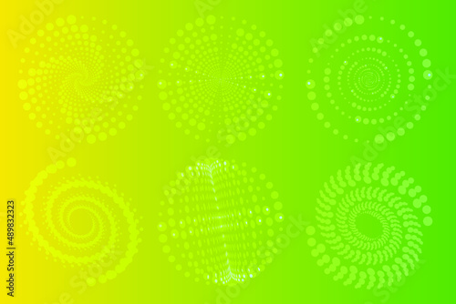 Set of spirals  Design elements  dotted abstract patterns. Spiral swirl  twist points  vortex halftone. Vector templates of circular radial rotation lines.