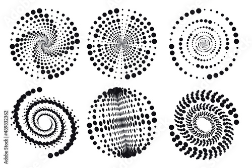 Set of spirals, Design elements, dotted abstract patterns. Spiral swirl, twist points, vortex halftone. Vector templates of circular radial rotation lines.