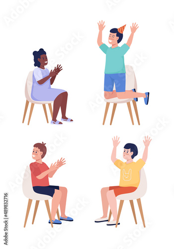 Children having fun semi flat color vector characters set. Sitting figure. Full body person on white. Festive celebration simple cartoon style illustration for web graphic design and animation pack