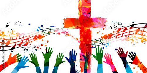 Christian cross with hands and musical notes isolated vector illustration. Religion themed background. Design for Christianity, prayer and care, church choir, church service, communion, charity, help photo