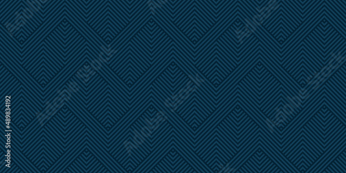 Geometric lines seamless pattern. Simple vector texture with diagonal stripes, lines, chevron, zig zag. Abstract dark blue linear graphic background. Subtle modern minimalist ornament. Repeat design