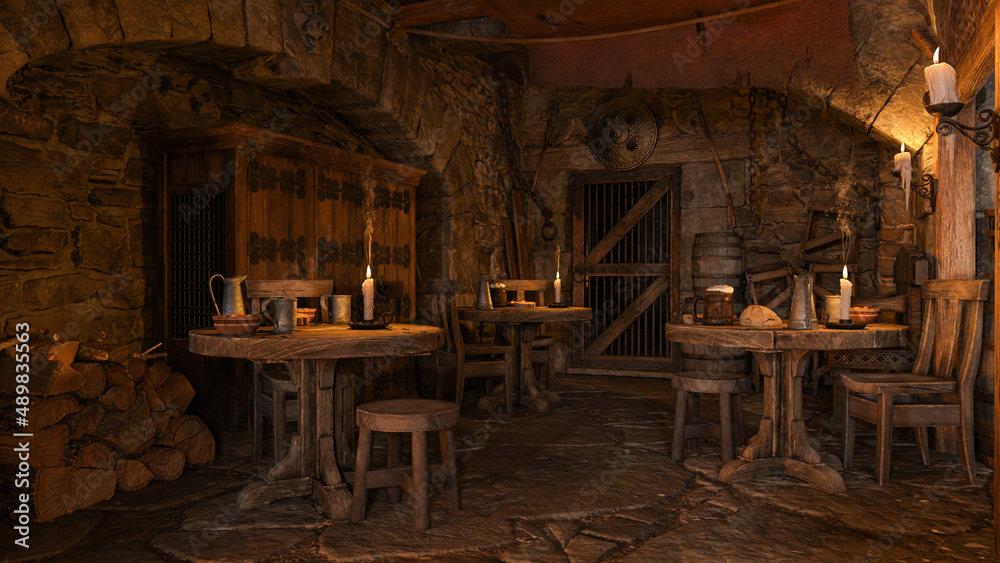 Tables lit by candles in a dark corner of an old medieval fantasy inn. 3D illustration.