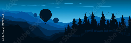 hot air balloon at mountain landscape with forest silhouette vector flat design illustration good for wallpaper, background, backdrop, banner, print, and design template