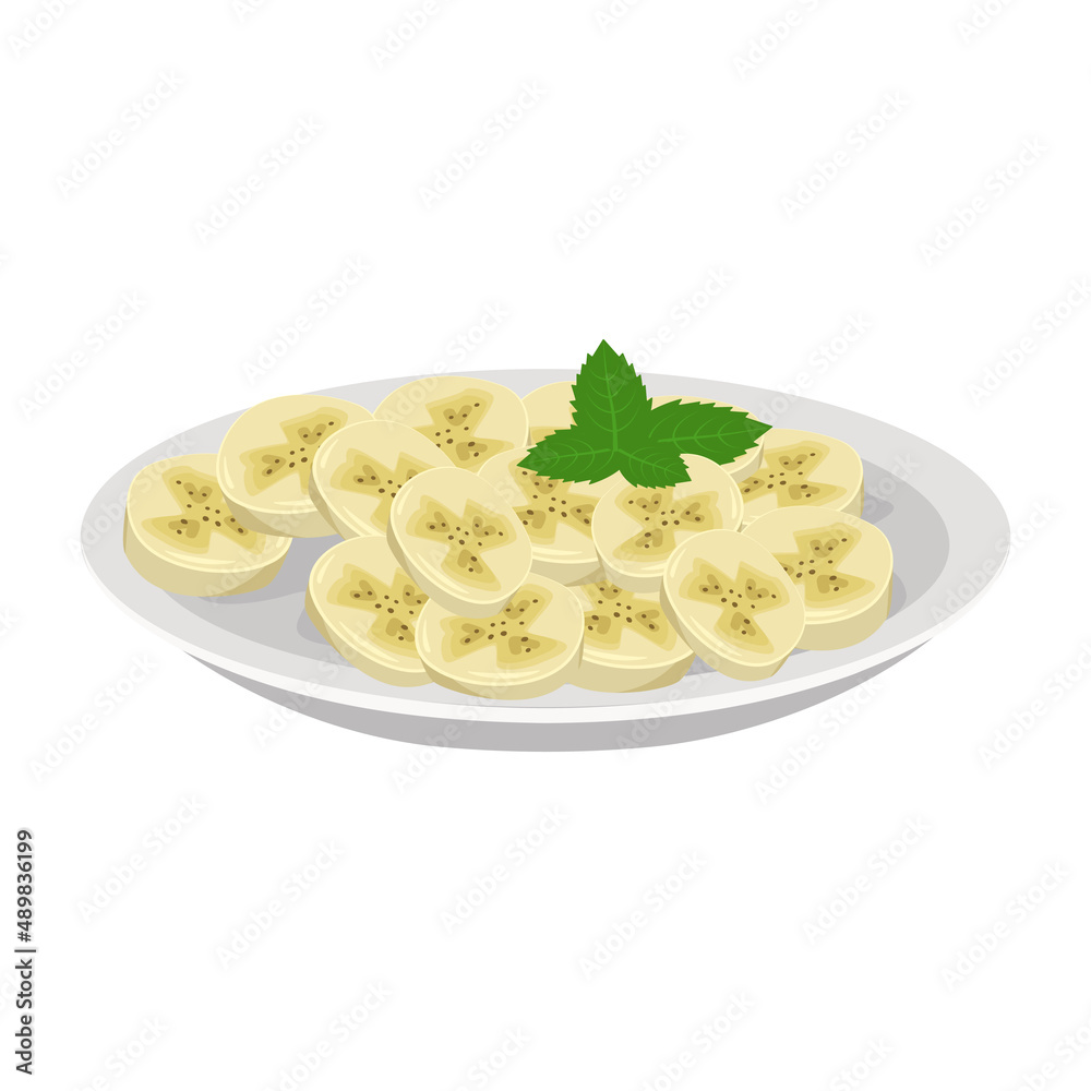Exotic fruit banana, sliced into circles, on plate with mint leaves. Sweet tasty tropical food and snacks. Vector flat illustration Exotic fruit banana, sliced into circles, on plate with mint leaves. Sweet tasty tropical food and snacks. Vector flat illustration