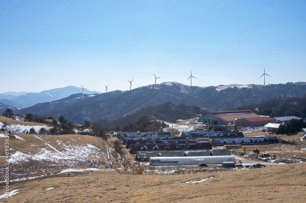 山の上の風車と牧場