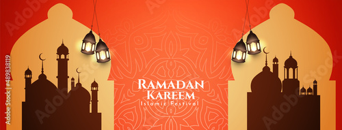 Ramadan Kareem islamic festival greeting banner with mosque