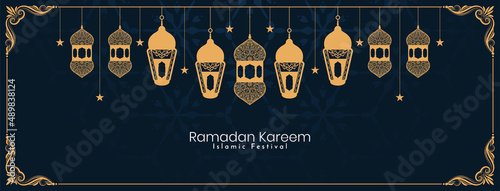 Ramadan Kareem islamic festival greeting banner with mosque