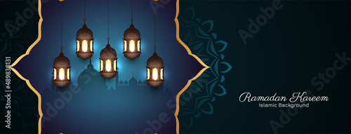 Ramadan Kareem islamic festival greeting banner with mosque