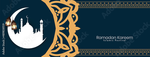 Ramadan Kareem islamic festival greeting banner with mosque