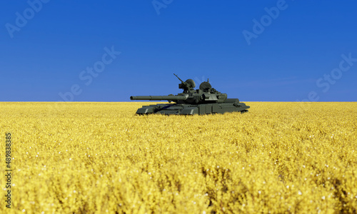 a T-90 Russian tank occupying a landscape with Ukraine flag colors the hole illustration is cut following the Ukrainian map  photo