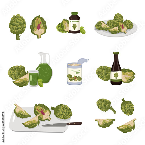 Icon set of artichoke and products from its. Whole vegetable and halves with leaves, healthy juice and medicine from plant, canned food in jar, sliced product on board and plate. Vector flat