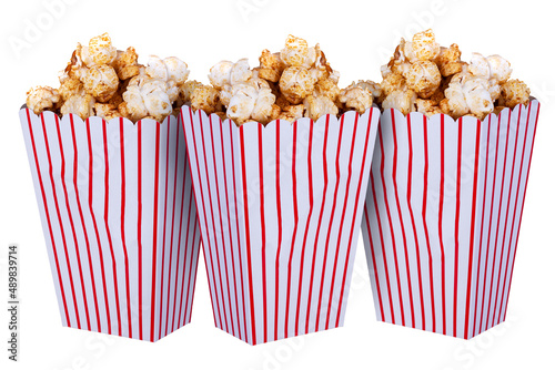 Three boxes of popcorn isolated on white photo