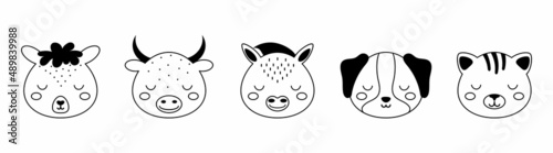 Collection of cartoon animal faces in scandinavian style. Cute animals for kids t-shirts, wear, nursery decoration, greeting cards. Black and white alpaca, bull, donkey, dog, cat.