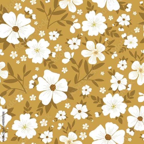 Seamless vintage pattern. White flowers, mustard leaves. Mustard background. vector texture. fashionable print for textiles, wallpaper and packaging.