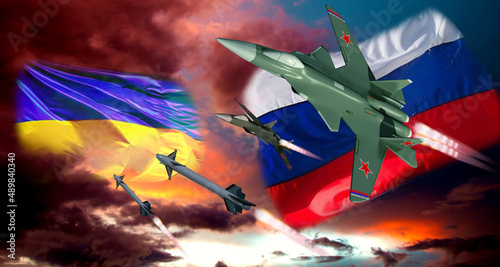 Russlandflagge und Flagge Ukraine mit Rakete und Militärjet an Himmel photo