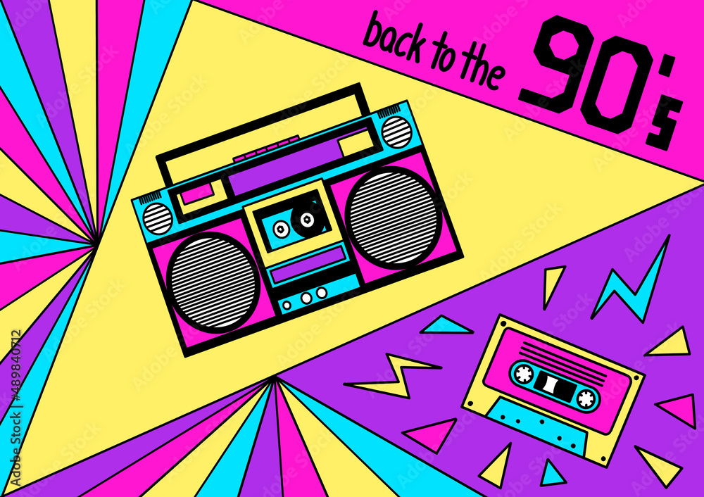 Colorful 90s illustration. Ghetto Blaster. Tape recorder. Party. Cassette.