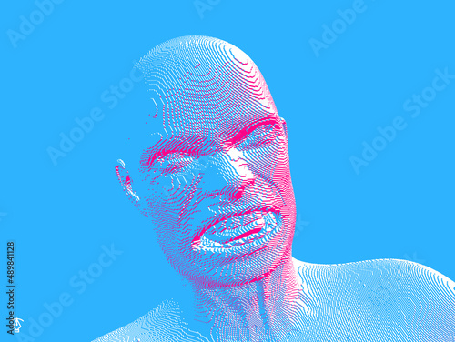 Furious screaming man. Emotional scream of a man with open shouting mouth. Demon face. People and emotions concept. Voxel art. 3D vector illustration.