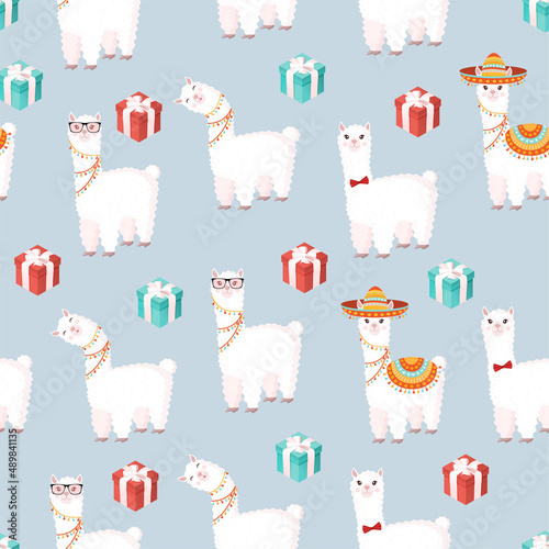 Seamless pattern with funny llamas in a sombrero with gifts on a blue background. Vector illustration suitable for baby texture, textile, fabric, poster, greeting card, decor. Cute alpaca from Peru.