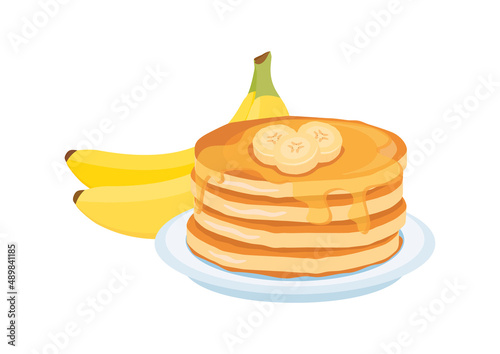 Fresh banana pancakes with syrup icon vector. Pile of delicious pancakes with pieces of banana on a plate icon isolated on a white background