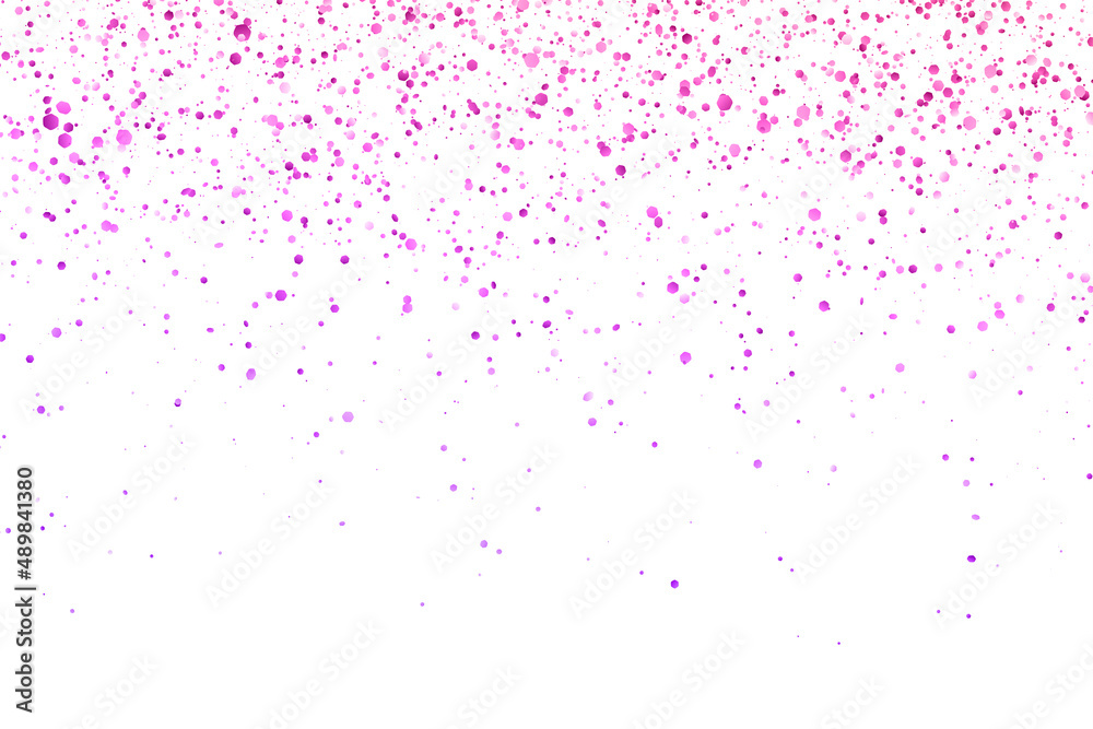 Pink violet glitter falling confetti on white background. Vector