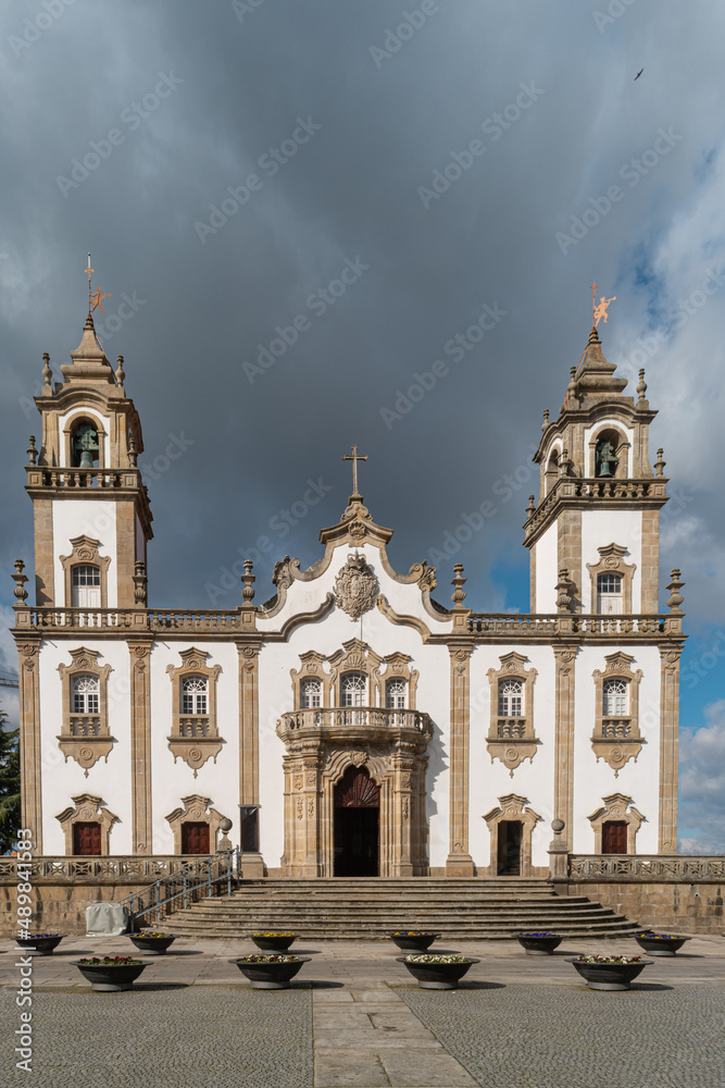 View at the front facade at the Church of Mercy, Igreja da Misericordia, baroque style monument, architectural icon of the city of Viseu, in Portugal.