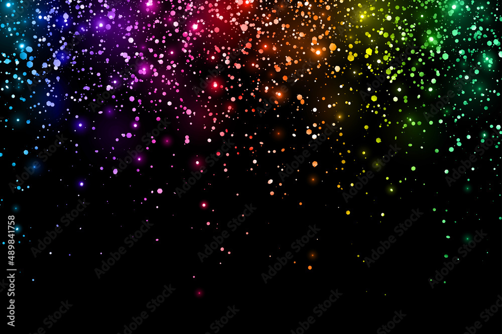 Multicolor glitter shiny holiday falling confetti on black background. Vector