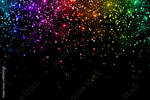 Multicolor glitter shiny holiday falling confetti on black background. Vector