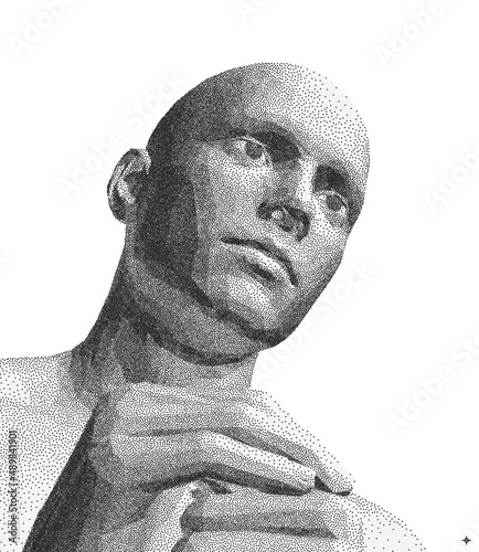 Time to think. A man think with his hands folded. Searching for answers. Stipple effect. 3D vector illustration.