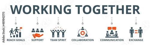 Working together banner web icon vector illustration concept for team management with an icon of collaboration, reach goals, team spirit, support, communication, and exchange photo
