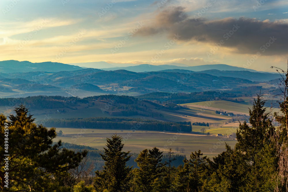 Evening landscape in South Czechia. View from Kluk mount. Early spring.