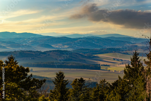 Fototapeta Naklejka Na Ścianę i Meble -  Evening landscape in South Czechia. View from Kluk mount. Early spring.
