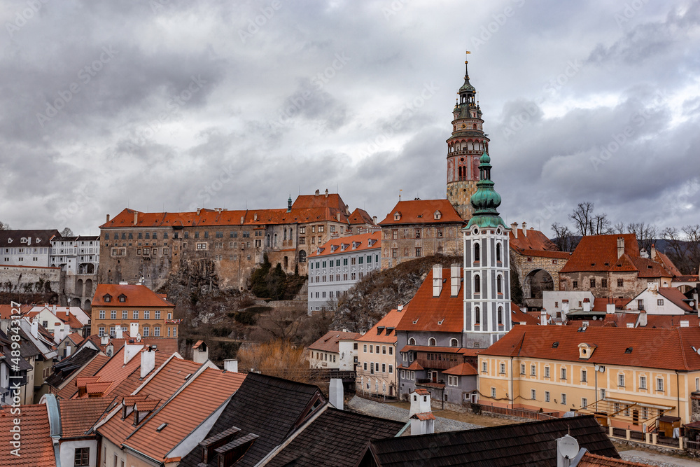Cesky Krumlov cityscape with castle and old town, Czechia