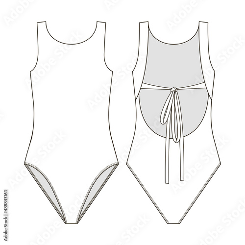 Fashion technical drawing of a one-piece swimsuit with ties
