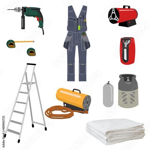 set of tools and equipment for installing a stretch ceiling. Vector image of a drill, a ladder, a master's clothes, a film, a gas cylinder and a gun for installing a stretch ceiling